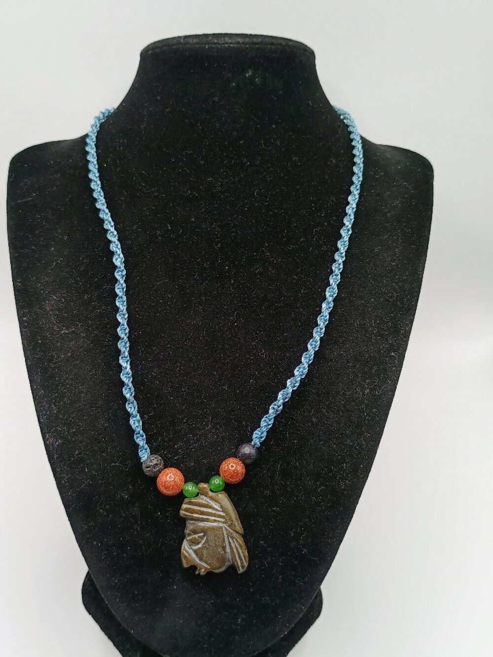 Macrame Necklace with Ancestral Face Carved Stone Pendant